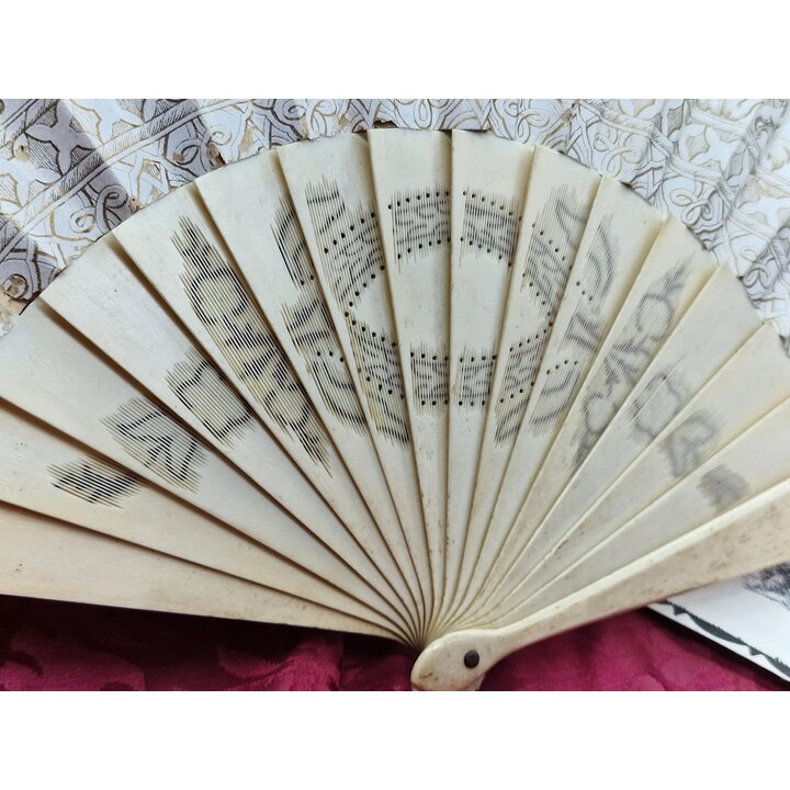 Antique Collector Fan Double Sided Painted Paper Leaf Pierced Gilded Sticks Mother of Pearl Inlays Late 19th Century Art Deco Er