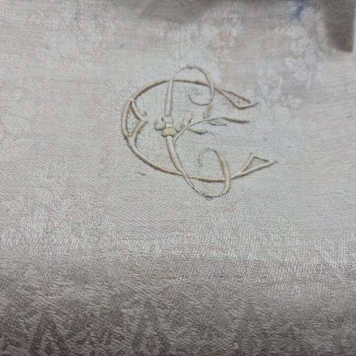 Vintage Linen Jacquard Runner with Hand Monogram and Macrame Fringes