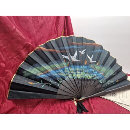 ビンテージ スペイン製 扇子 V Marti 手描き 漆黒エボニー 18K金 クリス S Yague 鷺の風景 1970年代 未使用 タグ付き