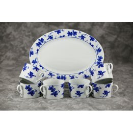 Zestaw do Herbaty z Tacą z Porcelany Vista Alegre, Serwis w Niebieskie Kwiaty 7 Elementów, Portugalska Porcelana z Lat 80, Stan 