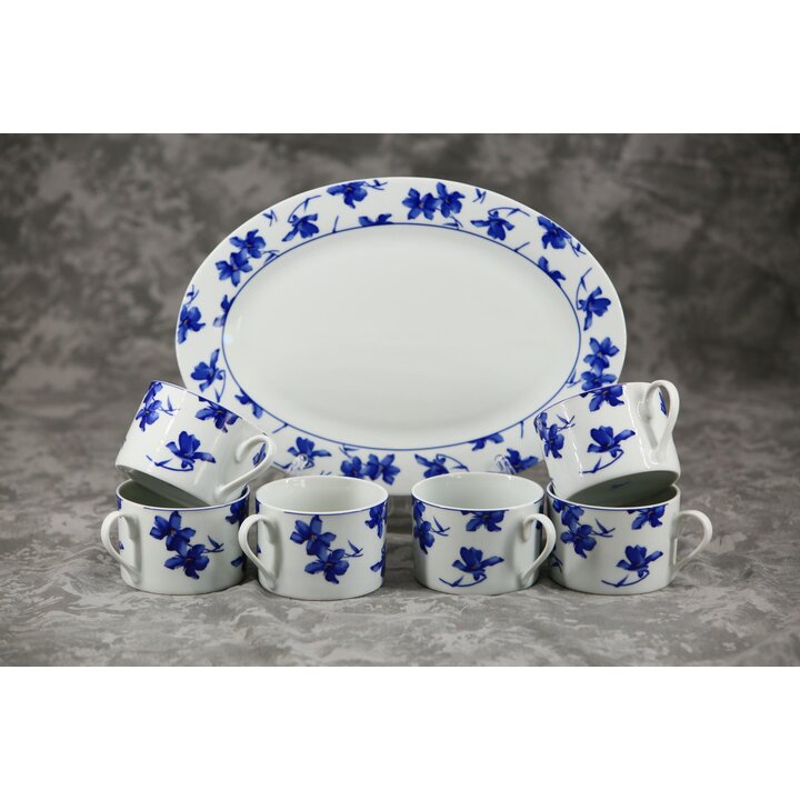 ビスタアレグレ 磁器製ティーセット トレー付き 青い花柄 ポルトガル製 洋食器 7点セット 1980年代ヴィンテージ 極美品 コバルトブルー