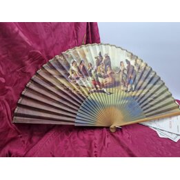 Ventaglio Spagnolo in Legno e Carta, Scena Picnic Goya La Merienda, Ventaglio Vintage Metà del XX Secolo, Decorazione e Collezio