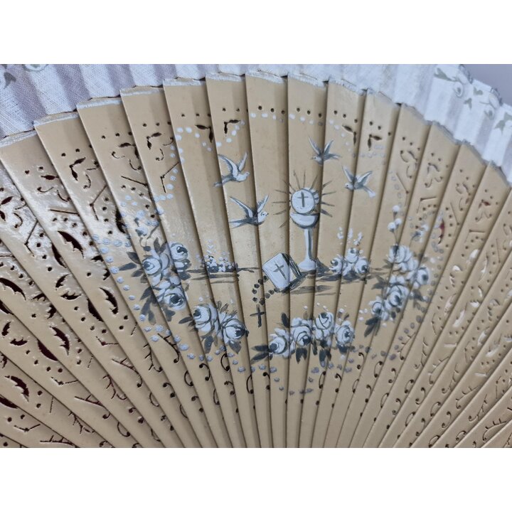 First Communion Hand Fan, Vintage Folding Fan Abanico Spain, Painted Wood and Lace Trim, Girl Confirmation Religious Souvenir, 2
