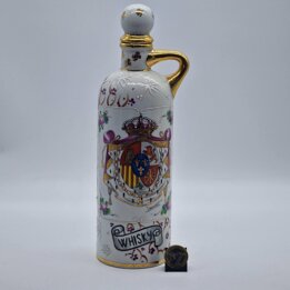 Carafe à Liqueur Bouteille Porcelaine Fimonca Espagne, Peinte Main Blason Signée Laurent, Barware Vintage Années 50 avec Bouchon
