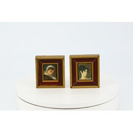 Pareja de Retratos en Miniatura - Serigrafía sobre Seda con Marcos Dorados de Madera - Arte de Pared Neoclásico para Decoración 