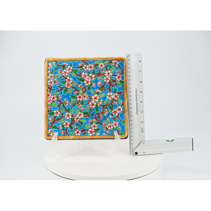 フランス製 エモウ ドゥ ロンウィ 陶器製 鍋敷き テーブルウェア D188 桜のデザイン エナメル釉薬 七宝焼風 ヴィンテージ フレンチ ファイアンス 1970年代