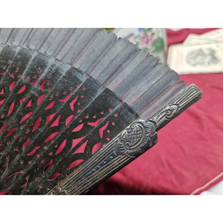 Folding Fan Hand Fan Abanico Spanish Carved Black Wood Fabric Mourning Flamenco Accessory Spain 20th Century