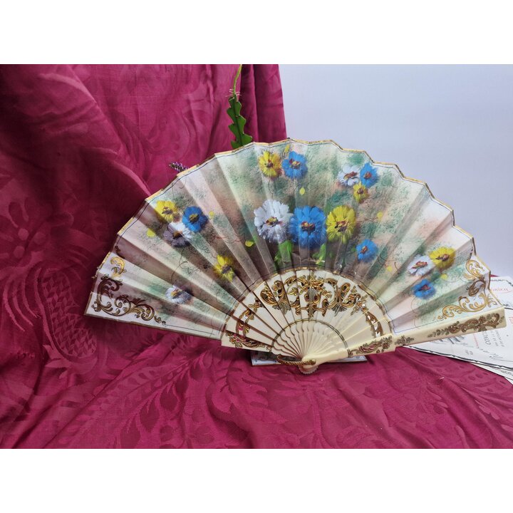 Vintage Folding Fan Hand Painted Floral Textile Leaf Gilt Carved Sticks Spanish Style Handfan Antique Replica Accessory 22 cm