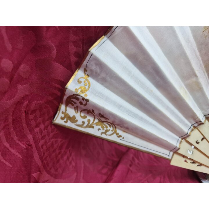 Vintage Folding Fan Hand Painted Floral Textile Leaf Gilt Carved Sticks Spanish Style Handfan Antique Replica Accessory 22 cm