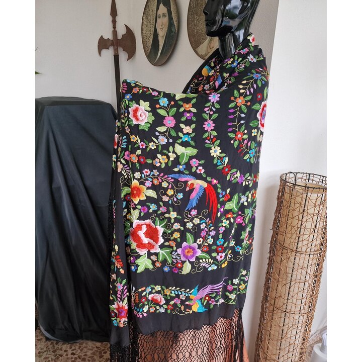 Mantón de Manila, Chal Español, Mantoncillo, Bordado a Mano de Dos Caras en Seda Negra, Flores y Pájaros, Flamenco, Boda, Fiesta