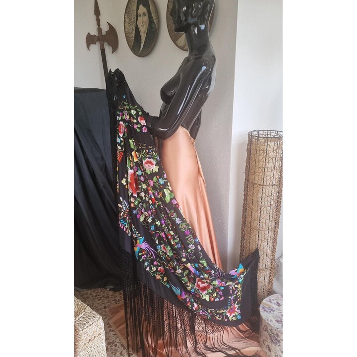 Mantón de Manila, Chal Español, Mantoncillo, Bordado a Mano de Dos Caras en Seda Negra, Flores y Pájaros, Flamenco, Boda, Fiesta