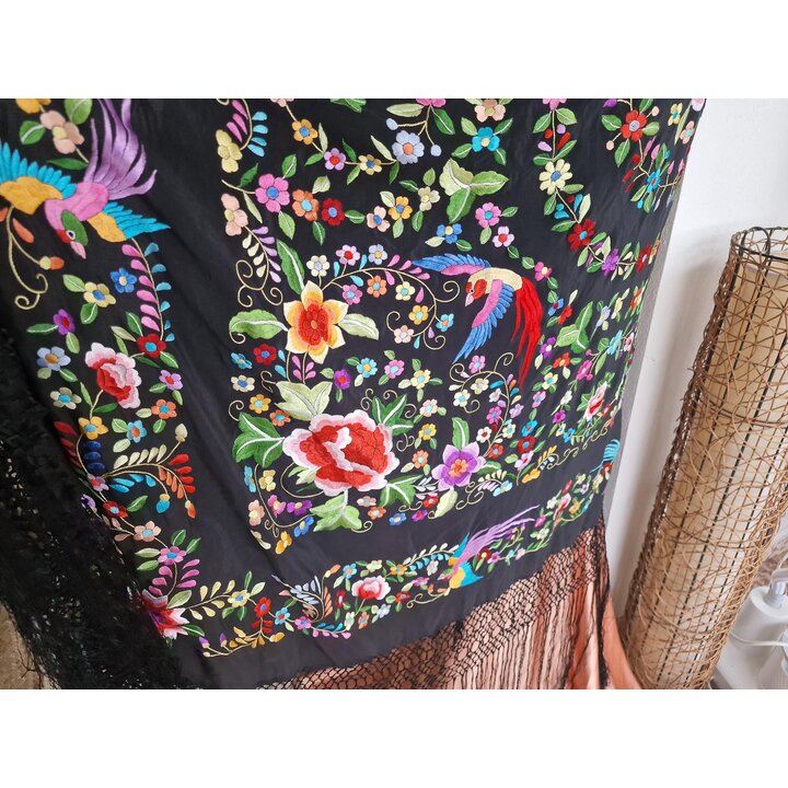 Mantón de Manila, Chal Español, Mantoncillo, Bordado a Mano de Dos Caras en Seda Negra, Flores y Pájaros, Flamenco, Boda, Fiesta
