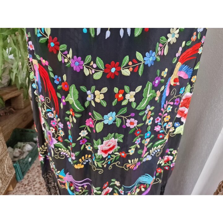 マントン デ マニラ スペイン製 シルク ショール 両面手刺繍 花と鳥 フラメンコ ピアノカバー ウェディング ブライダル