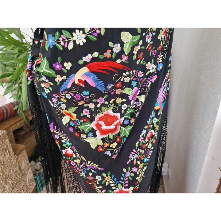 Mantón de Manila, Chal Español, Mantoncillo, Bordado a Mano de Dos Caras en Seda Negra, Flores y Pájaros, Flamenco, Boda, Fiesta
