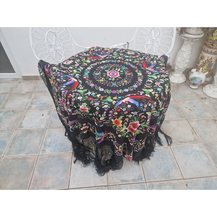 Mantón de Manila, Chal Español, Mantoncillo, Bordado a Mano de Dos Caras en Seda Negra, Flores y Pájaros, Flamenco, Boda, Fiesta