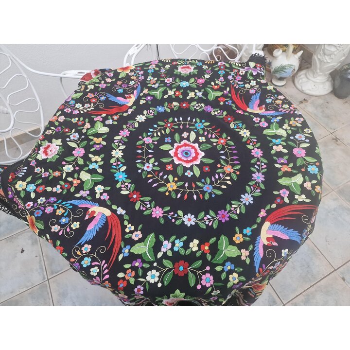 Mantón de Manila, Chal Español, Mantoncillo, Bordado a Mano de Dos Caras en Seda Negra, Flores y Pájaros, Flamenco, Boda, Fiesta
