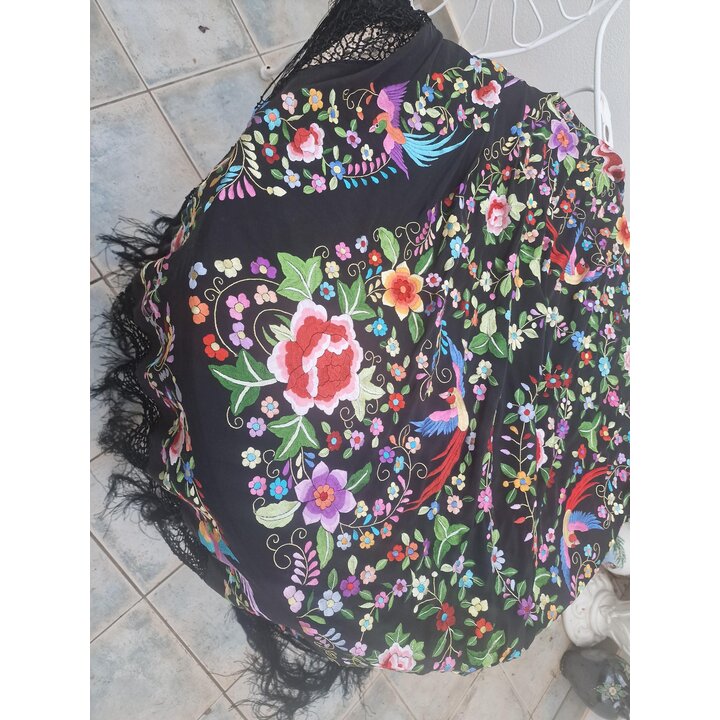 Mantón de Manila, Chal Español, Mantoncillo, Bordado a Mano de Dos Caras en Seda Negra, Flores y Pájaros, Flamenco, Boda, Fiesta