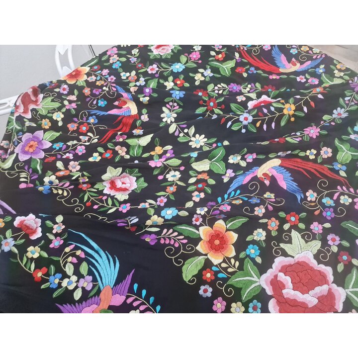 Mantón de Manila, Chal Español, Mantoncillo, Bordado a Mano de Dos Caras en Seda Negra, Flores y Pájaros, Flamenco, Boda, Fiesta