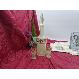 Decanter and Shot Glasses Liqueur Set, Bohemian Frosted Green Glass, Hand Painted Enamel Flowers, 3 Pieces, Early 20th Century