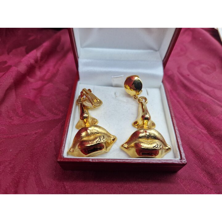 Vintage Salvador Dali Parfums Clip-On Oorringen, Vergulde Surrealistische Lippen en Neus Oorclips, Promo Editie Jaren 80 in Orig