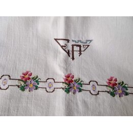 アンティーク フランス製 高級ベッドリネンセット, 手刺繍コットン製平シーツと枕カバーのペア, イニシャルGAクロスステッチ刺繍, 1910年代の伝統的な花嫁の嫁入り道具 ヴィンテージ寝具