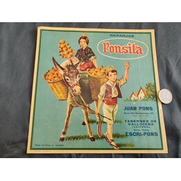Étiquette Oranges Ponsita 1963, Lithographie Vintage Valence, Juan Pons Tabernes de Valldigna