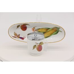 Royal Worcester Evesham King Size Egg Coddler and Oval Plate Set, Vintage English Porcelain Tableware, Fruit and Gold Trim, 1970