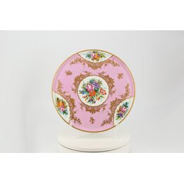 Großer Porzellanteller im Sèvres-Stil 19. Jhd - 32cm Zierteller - Rose Pompadour & Gold - Handbemaltes Blumenbouquet