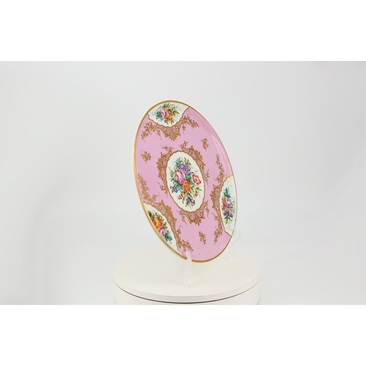 Grande Prato de Porcelana Estilo Sèvres Século XIX - Prato Decorativo 32cm - Rosa Pompadour e Ouro - Pintado à Mão