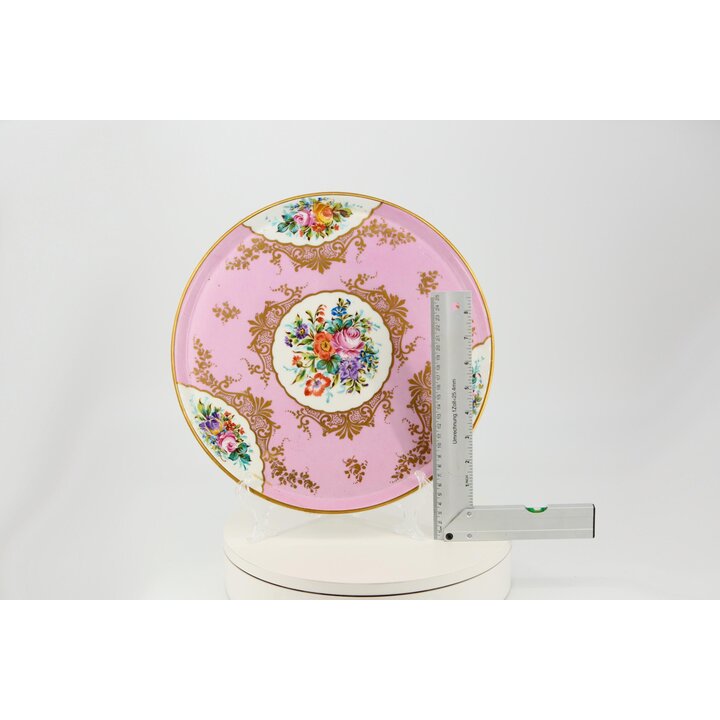 19世紀 セーヴル様式 磁器製大皿 - 32cm 装飾皿 - ポンパドールピンク＆ゴールド - 手描き花柄