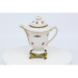 Bule de Porcelana Limoges com Suporte de Bronze, Porcelaines Pallas Bule de Chá Floral, Louça Fina com Ouro, 19cm, Anos 1980