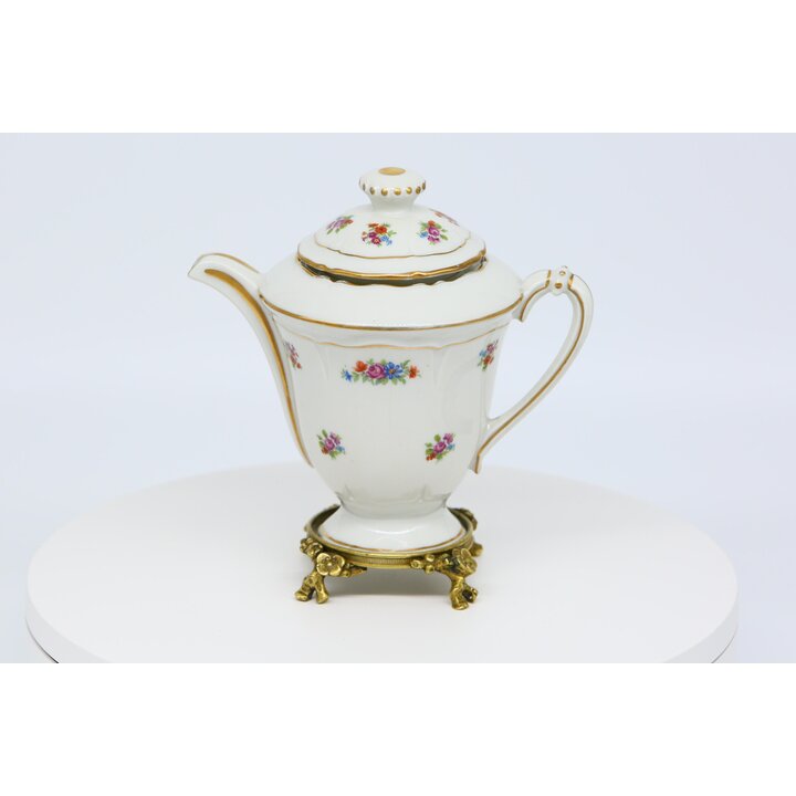 Фарфоровый чайник Limoges на бронзовой подставке, Porcelaines Pallas цветочный заварник с позолотой, посуда Франция, 19 см, 1980