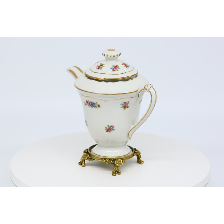 Фарфоровый чайник Limoges на бронзовой подставке, Porcelaines Pallas цветочный заварник с позолотой, посуда Франция, 19 см, 1980