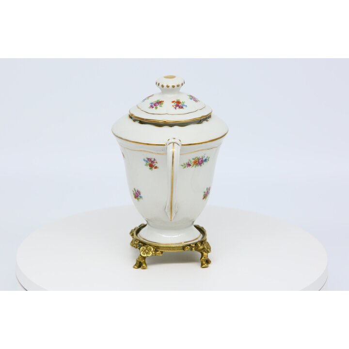 Фарфоровый чайник Limoges на бронзовой подставке, Porcelaines Pallas цветочный заварник с позолотой, посуда Франция, 19 см, 1980