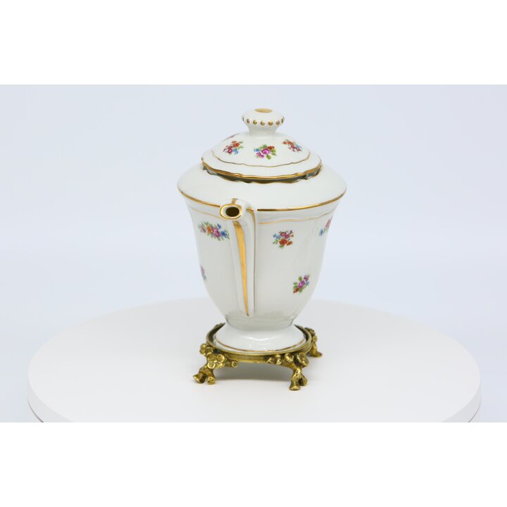 Фарфоровый чайник Limoges на бронзовой подставке, Porcelaines Pallas цветочный заварник с позолотой, посуда Франция, 19 см, 1980