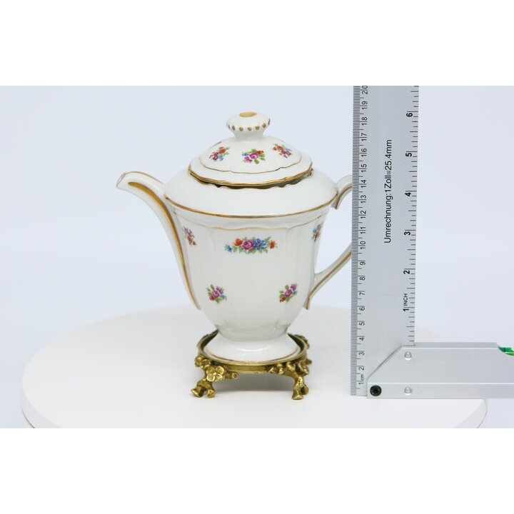 Фарфоровый чайник Limoges на бронзовой подставке, Porcelaines Pallas цветочный заварник с позолотой, посуда Франция, 19 см, 1980