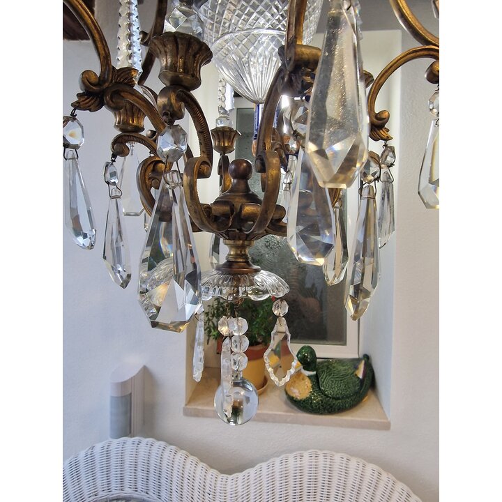 Lustre en Bronze et Cristal Style Louis XV - Milieu du XXe Siècle - Plafonnier avec Verre Taillé en Diamant