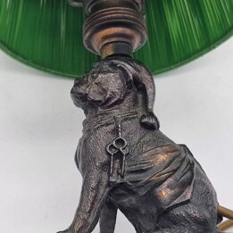 Candeeiro de mesa vintage 1960 - Figura de cão Pug antropomórfico - Base de mármore e abajur verde de fios - Estilo Mid-Century 