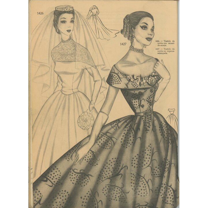 Revista de Moda Espanhola Vintage c. 1950, Ilustrações de Alta Costura Mid Century, Moldes Estilo New Look, Efeméride