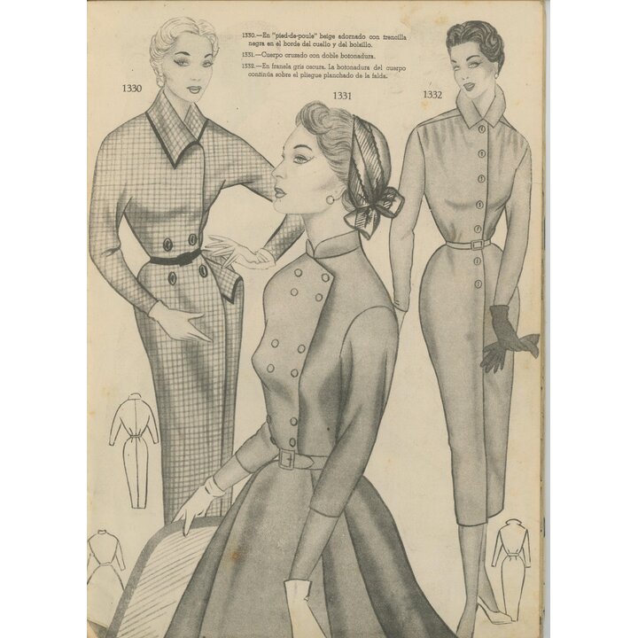 Hiszpański Magazyn Mody Vintage ok. 1950, Ilustracje Haute Couture Mid Century, Wzory w Stylu New Look, Efemera