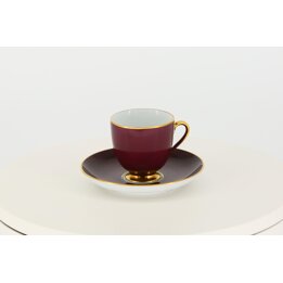 Tazza da caffè e piattino Fürstenberg in porcellana, viola bordeaux e oro, stoviglie tedesche di metà secolo, vintage anni 50