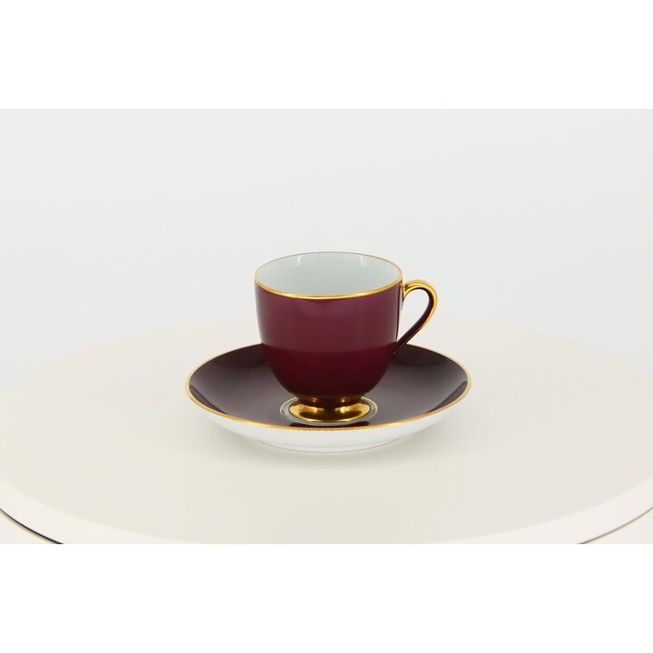Fürstenberg Porcelain Coffee Cup and Saucer Set, Burgundy Purple and Gold, Mid-Century German Ceramic Tableware, 1950s Vintage