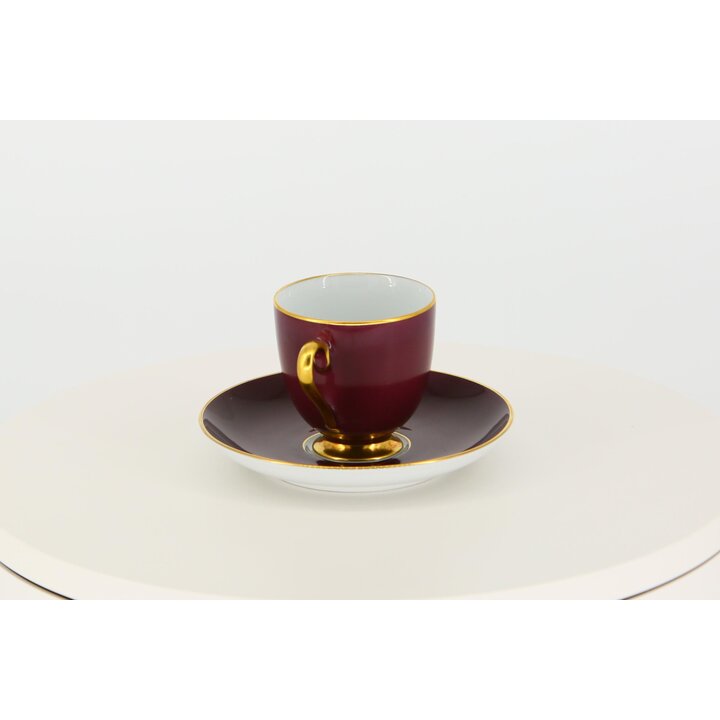 Jogo de xícara de café e pires Fürstenberg, porcelana púrpura borgonha e ouro, louça alemã de meados do século, vintage anos 50