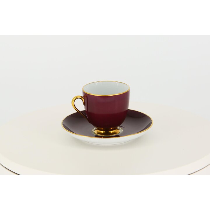 Jogo de xícara de café e pires Fürstenberg, porcelana púrpura borgonha e ouro, louça alemã de meados do século, vintage anos 50