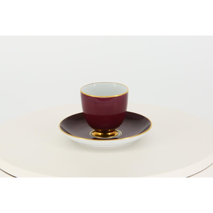 Fürstenberg Porcelain Coffee Cup and Saucer Set, Burgundy Purple and Gold, Mid-Century German Ceramic Tableware, 1950s Vintage