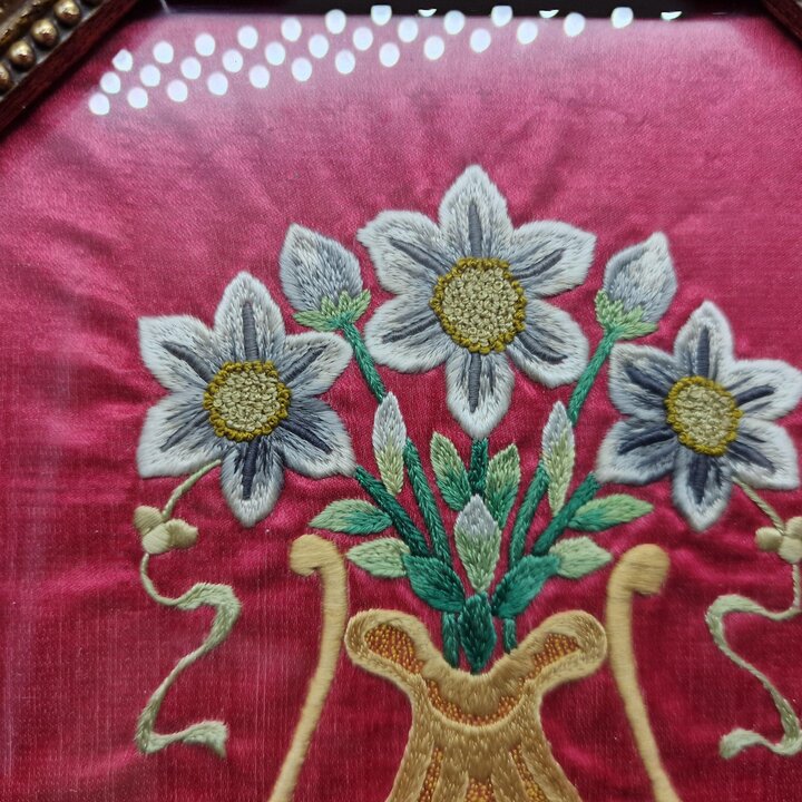 Framed Hand Embroidery on Red Silk, Goldwork Flower Vase Portrait, Vintage Spanish Octagonal Gilt Wood Frame, Monograms M and B