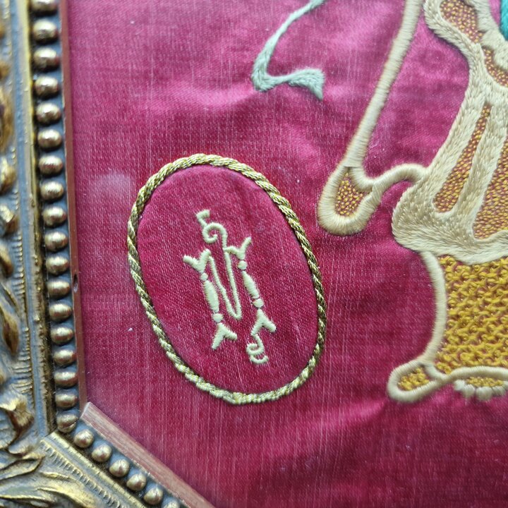 Framed Hand Embroidery on Red Silk, Goldwork Flower Vase Portrait, Vintage Spanish Octagonal Gilt Wood Frame, Monograms M and B