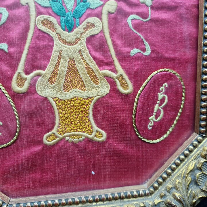 Framed Hand Embroidery on Red Silk, Goldwork Flower Vase Portrait, Vintage Spanish Octagonal Gilt Wood Frame, Monograms M and B