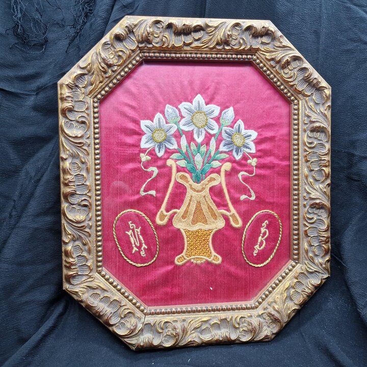 Framed Hand Embroidery on Red Silk, Goldwork Flower Vase Portrait, Vintage Spanish Octagonal Gilt Wood Frame, Monograms M and B