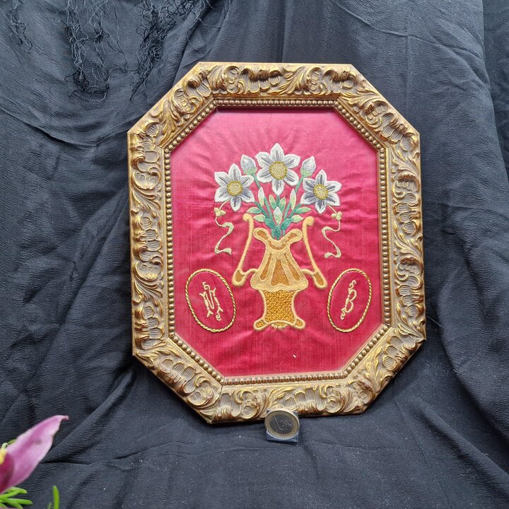 Framed Hand Embroidery on Red Silk, Goldwork Flower Vase Portrait, Vintage Spanish Octagonal Gilt Wood Frame, Monograms M and B